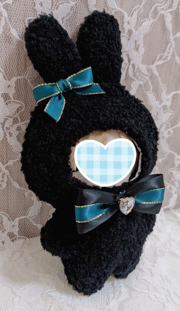 ぬい着ぐるみ♡黒うさぎ♡グリーンブルーりぼん♡10~12cm用