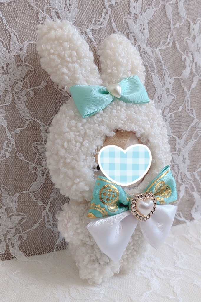 ぬい着ぐるみ♡白うさぎ♡ブルーグリーンりぼん♡10~12cm用