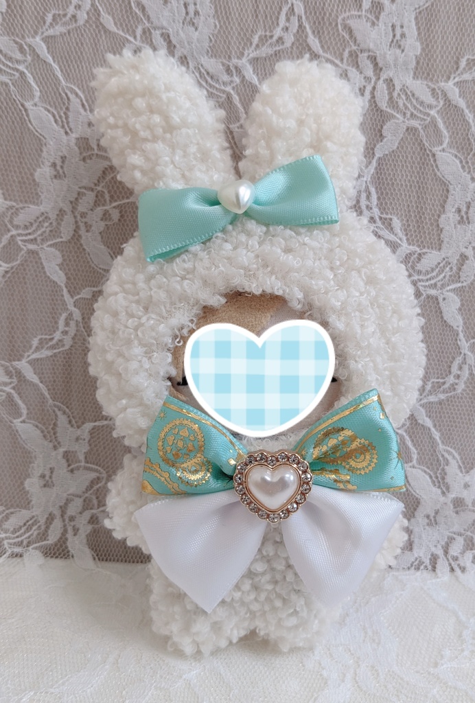 ぬい着ぐるみ♡白うさぎ♡ブルーグリーンりぼん♡10～12cm用