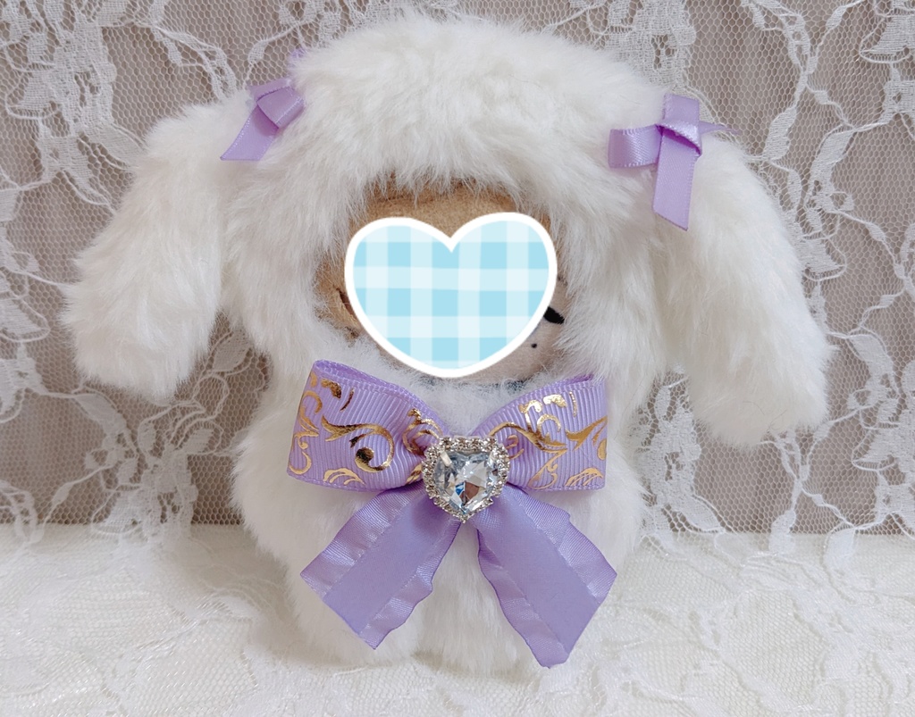 ぬい着ぐるみ♡ロップイヤー白うさぎ♡パープルりぼん♡10～12cm用