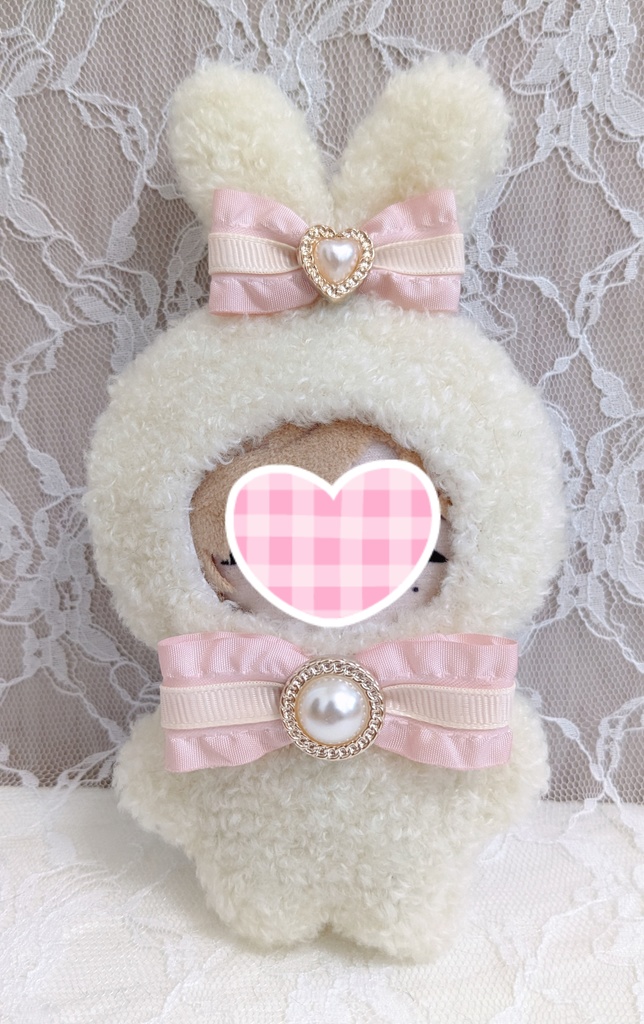 ぬい着ぐるみ♡アイボリーうさぎさん×ピンクリボン♡10～12cm用