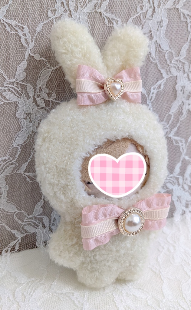 ぬい着ぐるみ♡アイボリーうさぎさん×ピンクリボン♡10~12cm用