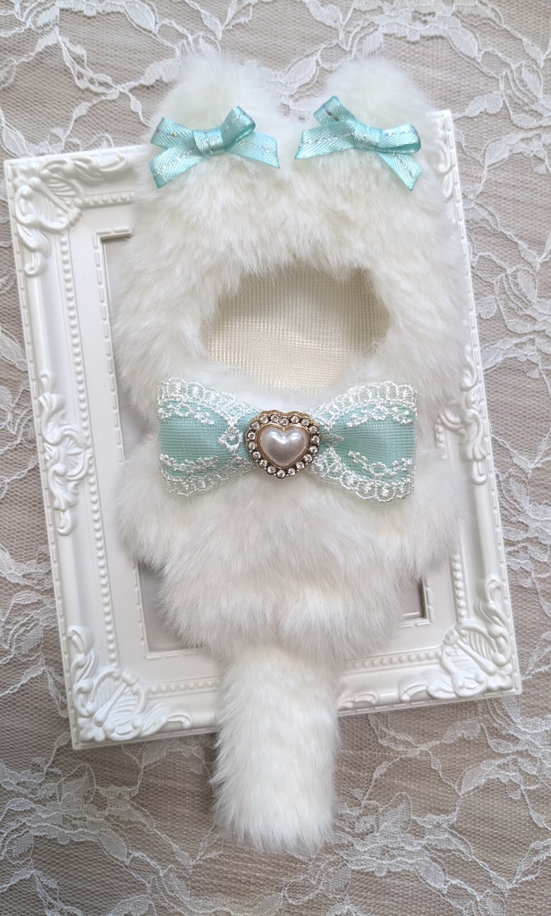 ぬい着ぐるみ♡白ねこさん×ブルーグリーンリボン♡10~12cm用