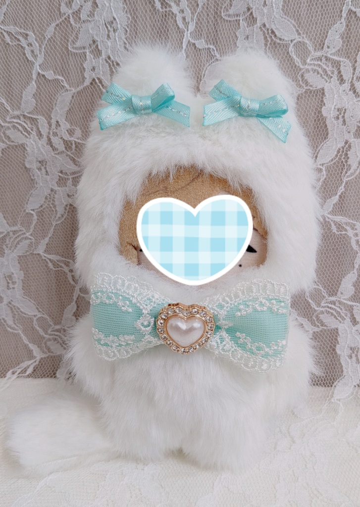 ぬい着ぐるみ♡白ねこさん×ブルーグリーンリボン♡10~12cm用