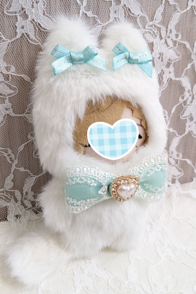 ぬい着ぐるみ♡白ねこさん×ブルーグリーンリボン♡10~12cm用