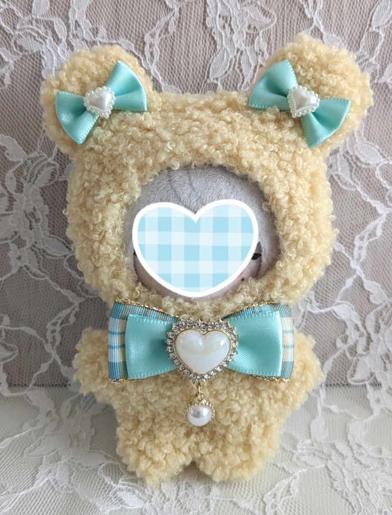 ③ぬい着ぐるみ♡くすみイエロー♡ミントブルーりぼん♡10～12cm用