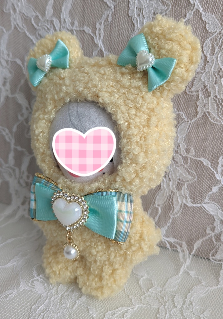 ③ぬい着ぐるみ♡くすみイエロー♡ミントブルーりぼん♡10~12cm用