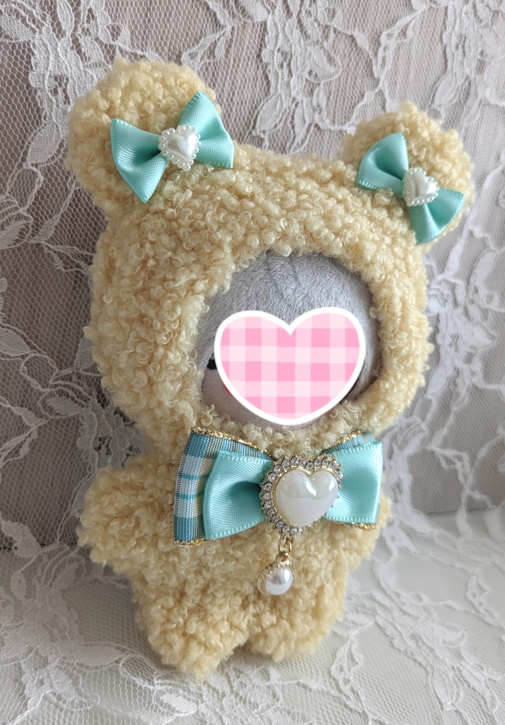 ③ぬい着ぐるみ♡くすみイエロー♡ミントブルーりぼん♡10~12cm用