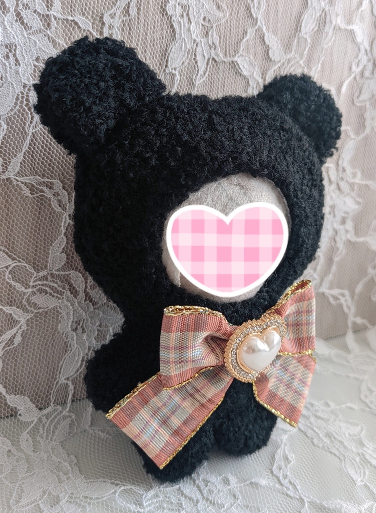 ④ぬい着ぐるみ♡黒くま♡チェック柄りぼん♡10~12cm用