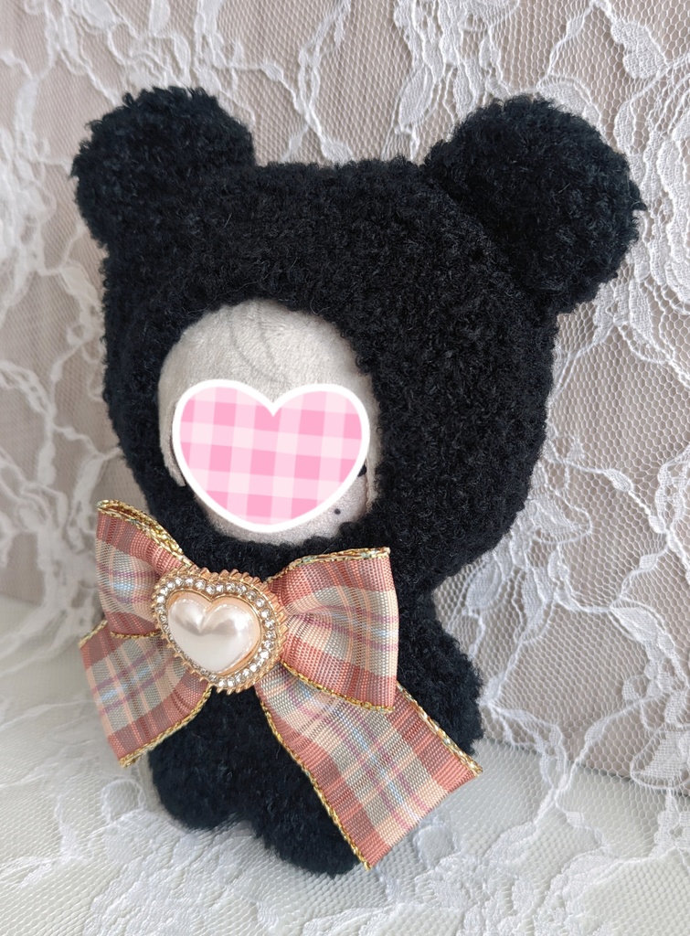 ④ぬい着ぐるみ♡黒くま♡チェック柄りぼん♡10~12cm用
