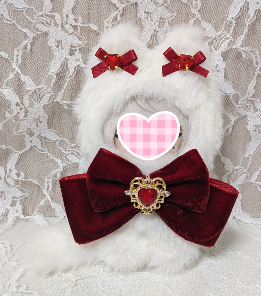 ⑥ぬい着ぐるみ♡白ネコ×ボルドーりぼん♡10～12cm用