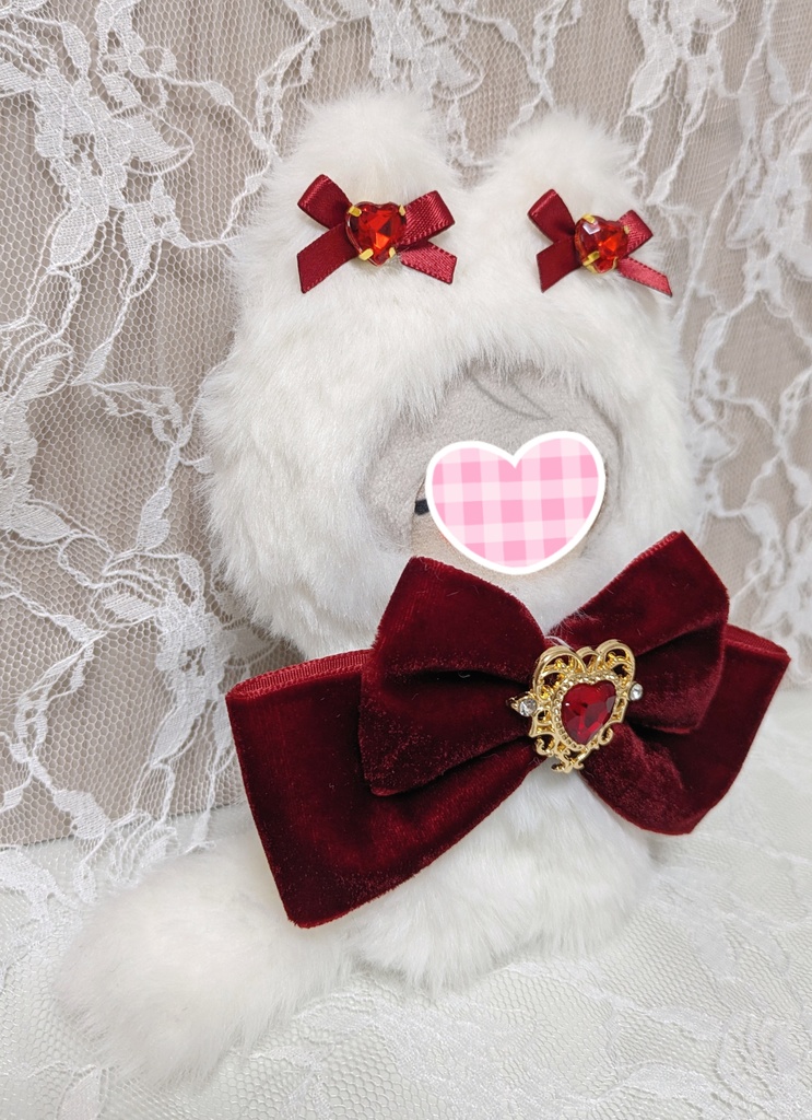 ⑥ぬい着ぐるみ♡白ネコ×ボルドーりぼん♡10~12cm用