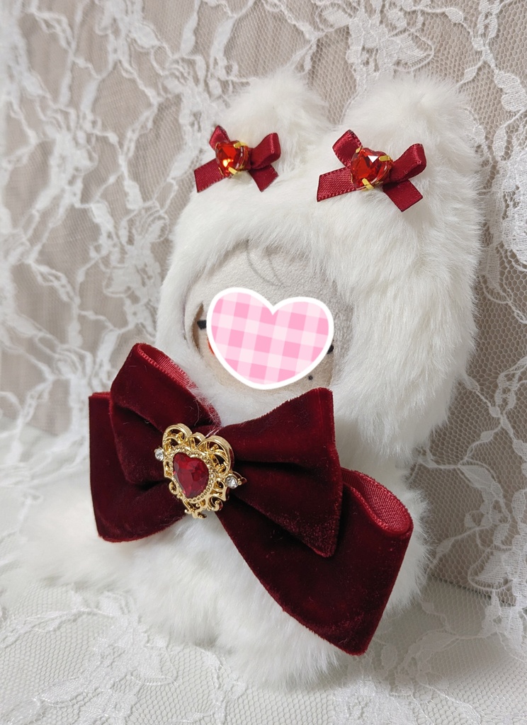 ⑥ぬい着ぐるみ♡白ネコ×ボルドーりぼん♡10~12cm用