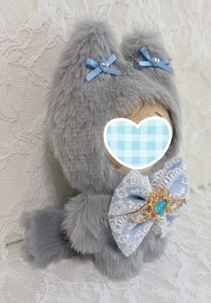 ⑧ぬい着ぐるみ♡グレーネコ×水色りぼん♡10~12cm用