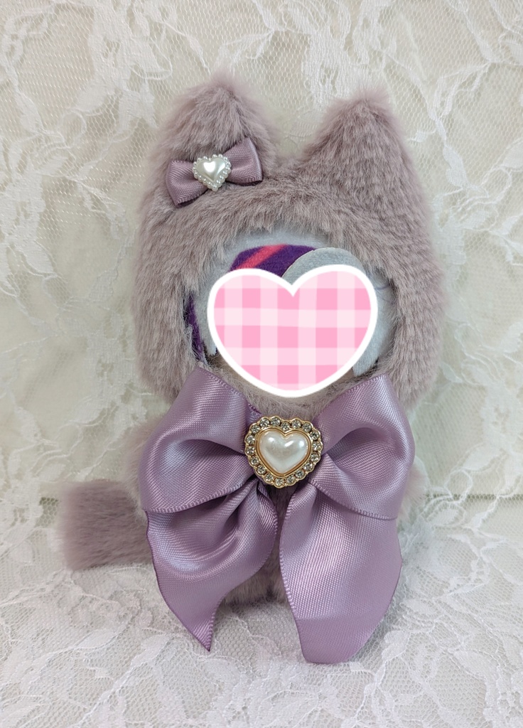⑨ぬい着ぐるみ♡くすみパープルネコ×パープルりぼん♡10～12cm用