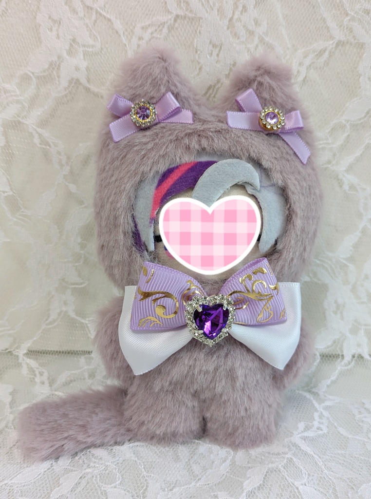 ⑩ぬい着ぐるみ♡くすみパープルネコ×紫＆白りぼん♡10～12cm用