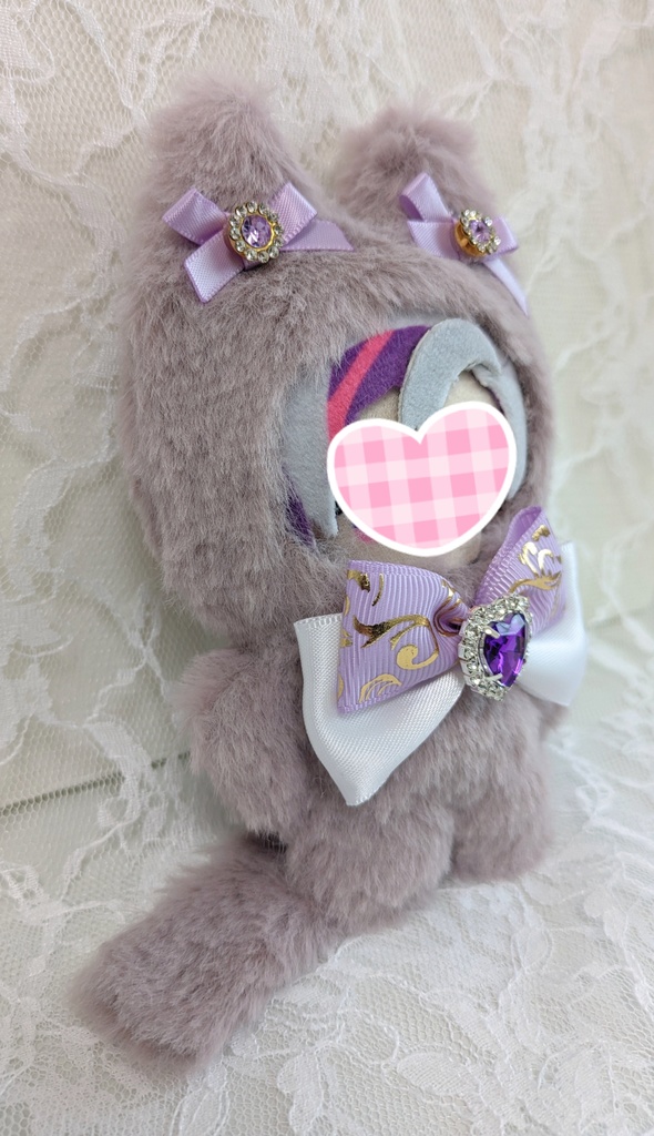 ⑩ぬい着ぐるみ♡くすみパープルネコ×紫&白りぼん♡10~12cm用