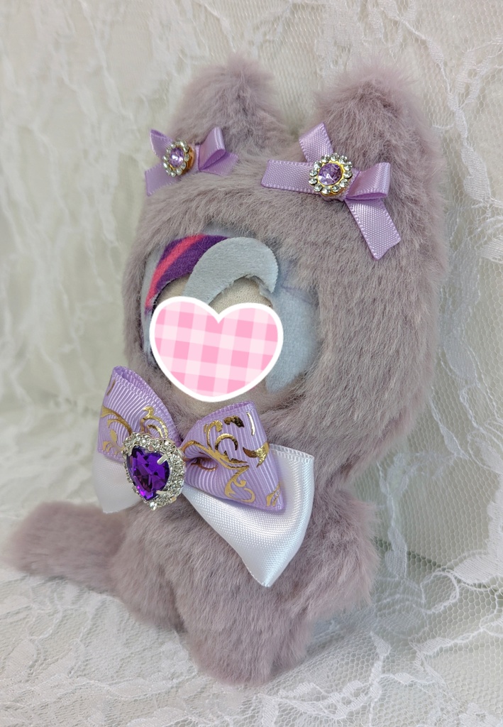 ⑩ぬい着ぐるみ♡くすみパープルネコ×紫&白りぼん♡10~12cm用