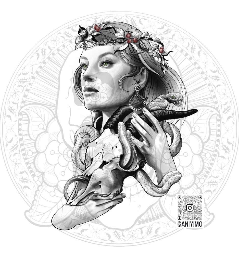 【高解像度】耽美ゴシック・アートポスター「蛇と少女」/ Aesthetic Gothic Girl & Snake Tattoo Flash