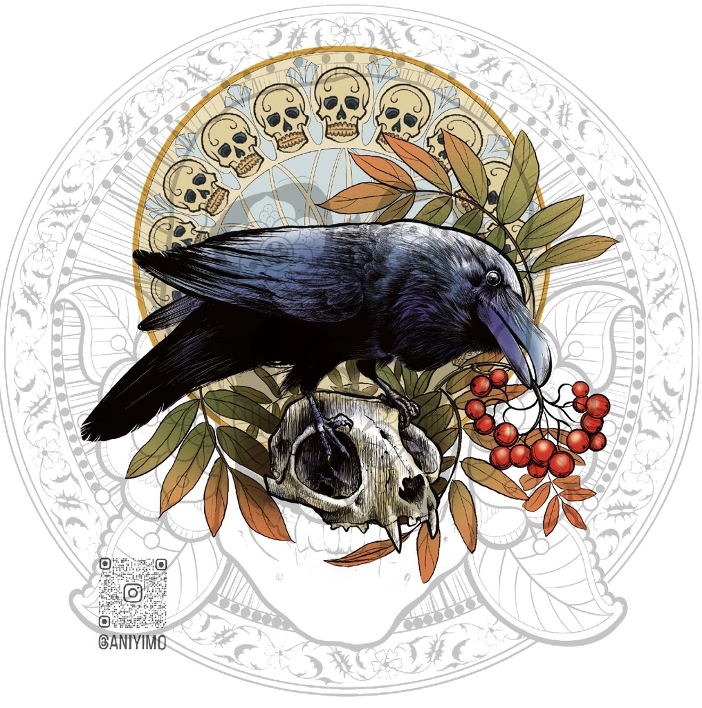 【高解像度】ネоトラディショナル・アートポスター「鴉と髑髏」/ Neo-Traditional Raven & Skull Tattoo Flash
