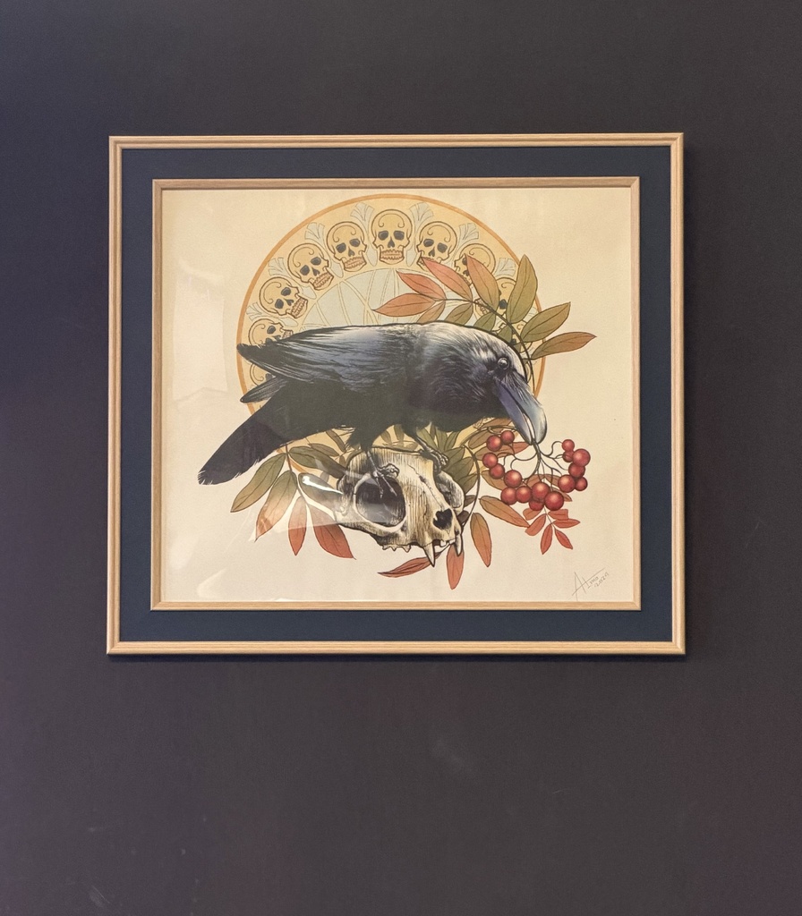 【高解像度】ネоトラディショナル・アートポスター「鴉と髑髏」/ Neo-Traditional Raven & Skull Tattoo Flash