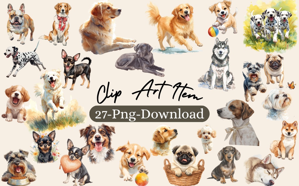 水彩画風　可愛い犬のクリップアート（27枚）/Watercolor Dog Clipart Set (27 PNGs)