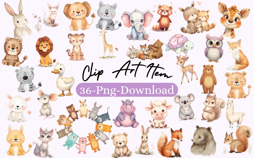 かわいい動物たちの水彩イラスト(36枚・PNG) /Kindergarten Animal Collection – 36 Soft Watercolor Illustrations (PNG)