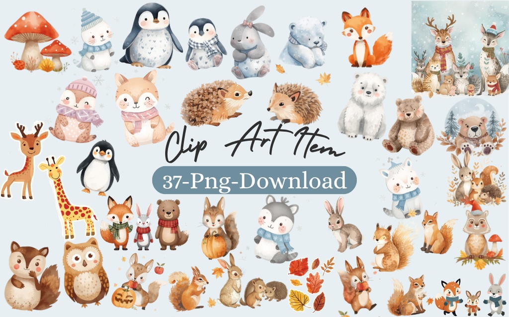 ふんわり可愛い 秋と冬のどうぶつたち(37枚セット・PNG形式)/Cute Autumn and Winter Animals – Gentle Watercolor Collection (37 PNGs)