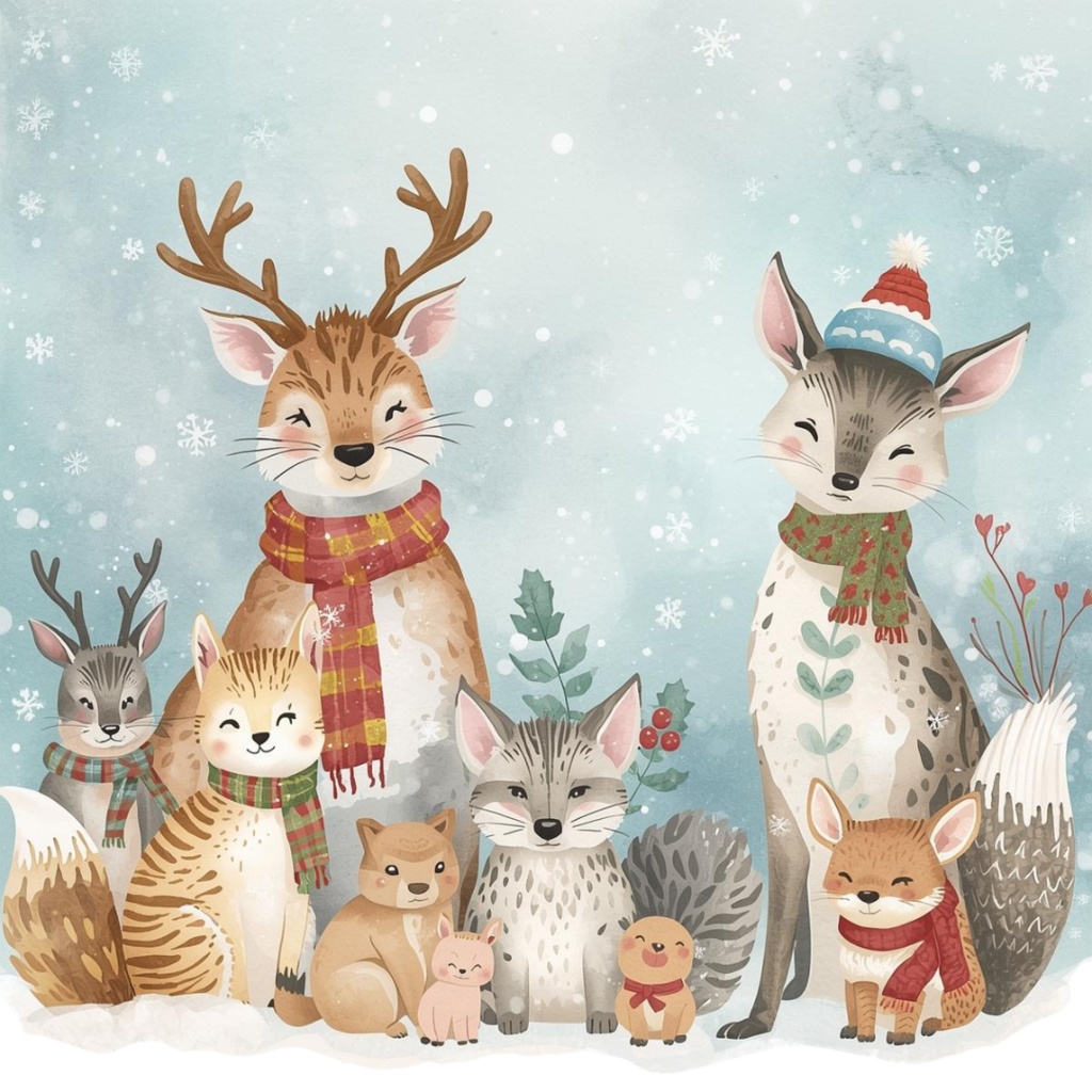 ふんわり可愛い 秋と冬のどうぶつたち(37枚セット・PNG形式)/Cute Autumn and Winter Animals – Gentle Watercolor Collection (37 PNGs)