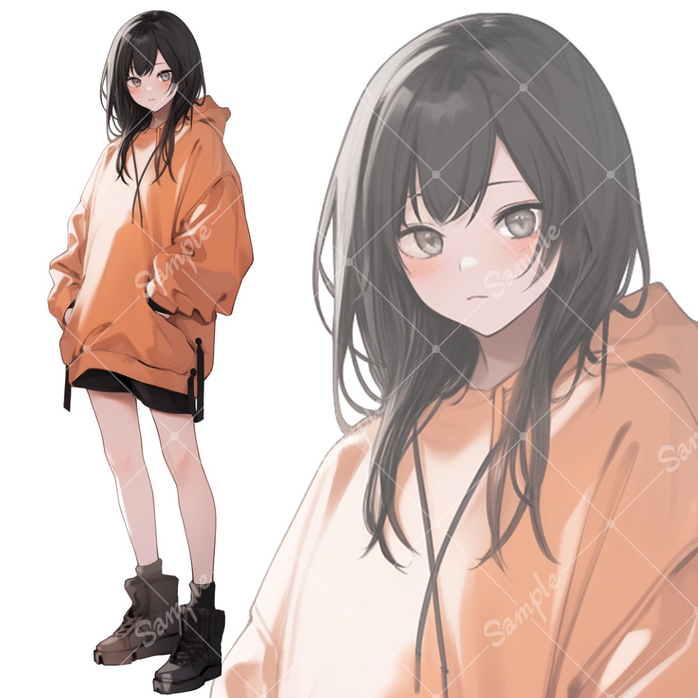 全身立ち絵素材11 オレンジ色のパーカー女子