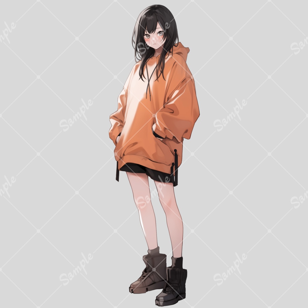 全身立ち絵素材11 オレンジ色のパーカー女子