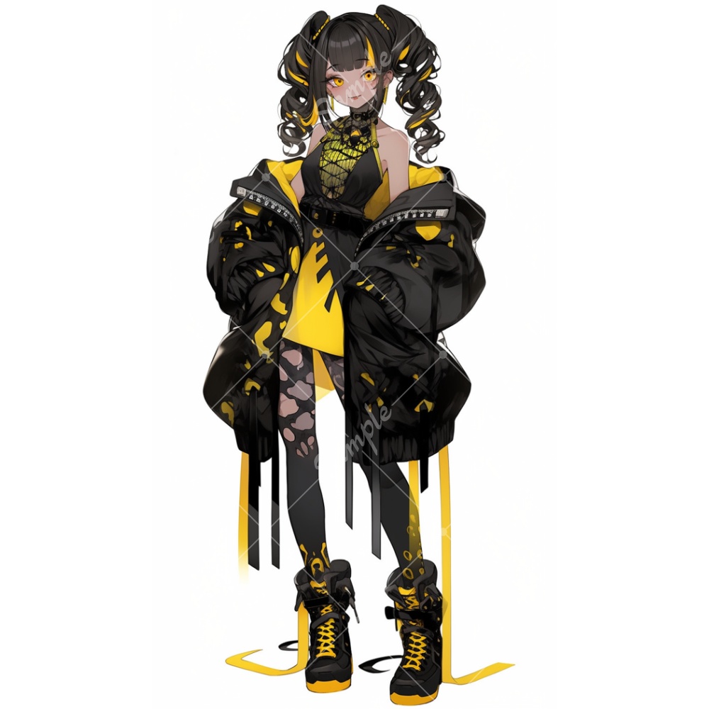 全身立ち絵素材251 サイバーゴシック 女の子 黒×黄 背景非透過