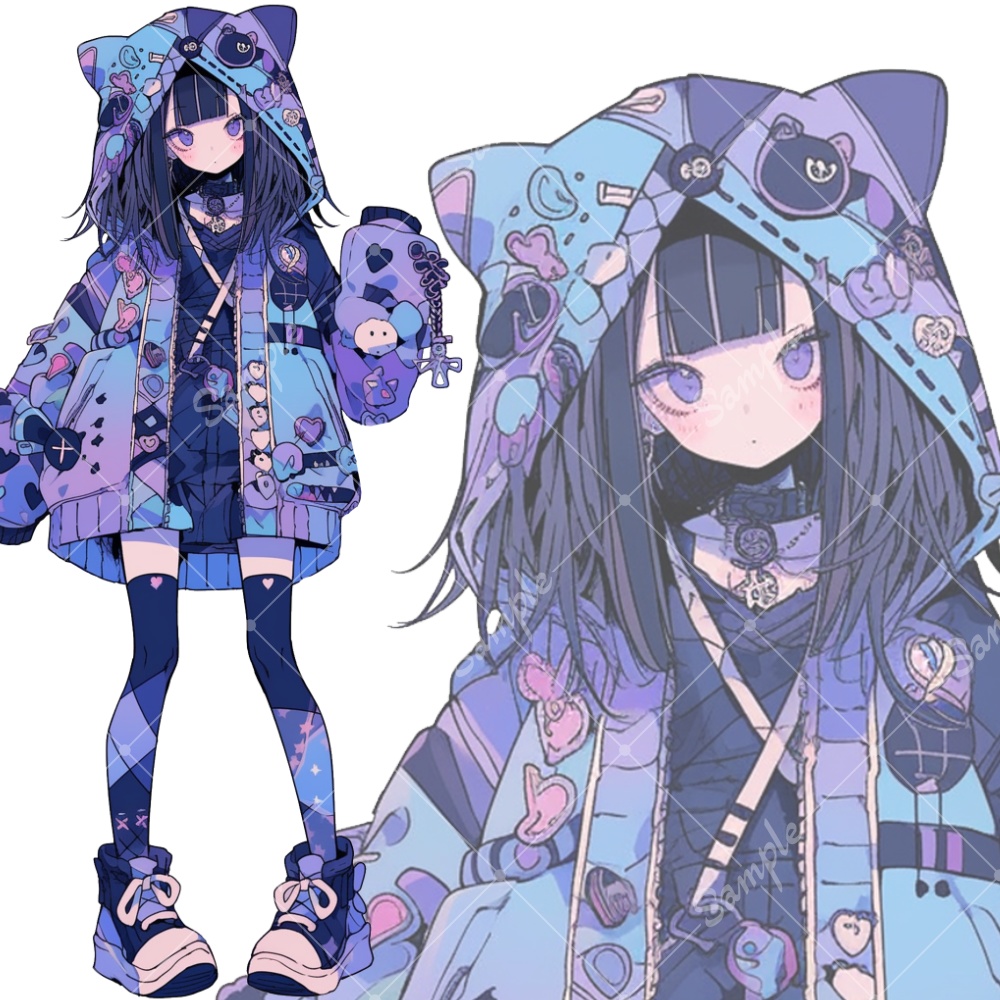 全身立ち絵素材260 猫耳パーカー 女の子 紫