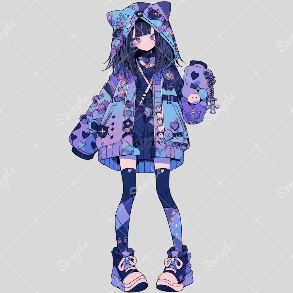 全身立ち絵素材260 猫耳パーカー 女の子 紫