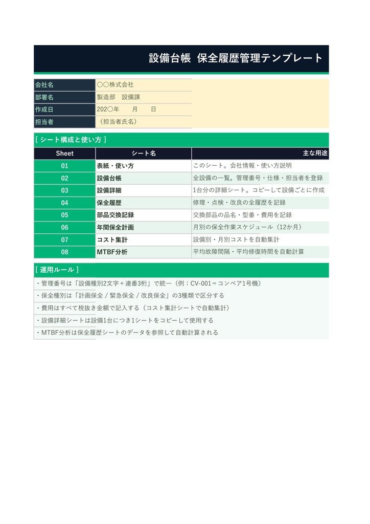 設備台帳 保全履歴管理テンプレート【Excel】- 設備管理・MTBF分析・年間保全計画セット