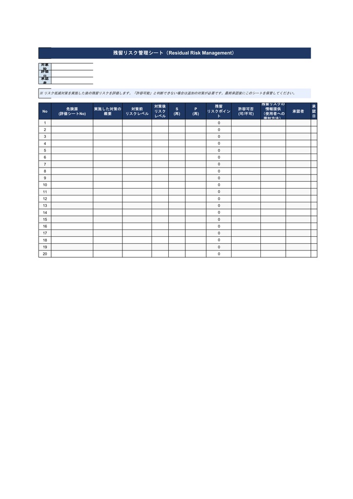 リスクアセスメントテンプレート【Excel】- ISO 12100準拠 危険源評価・リスク低減対策管理セット
