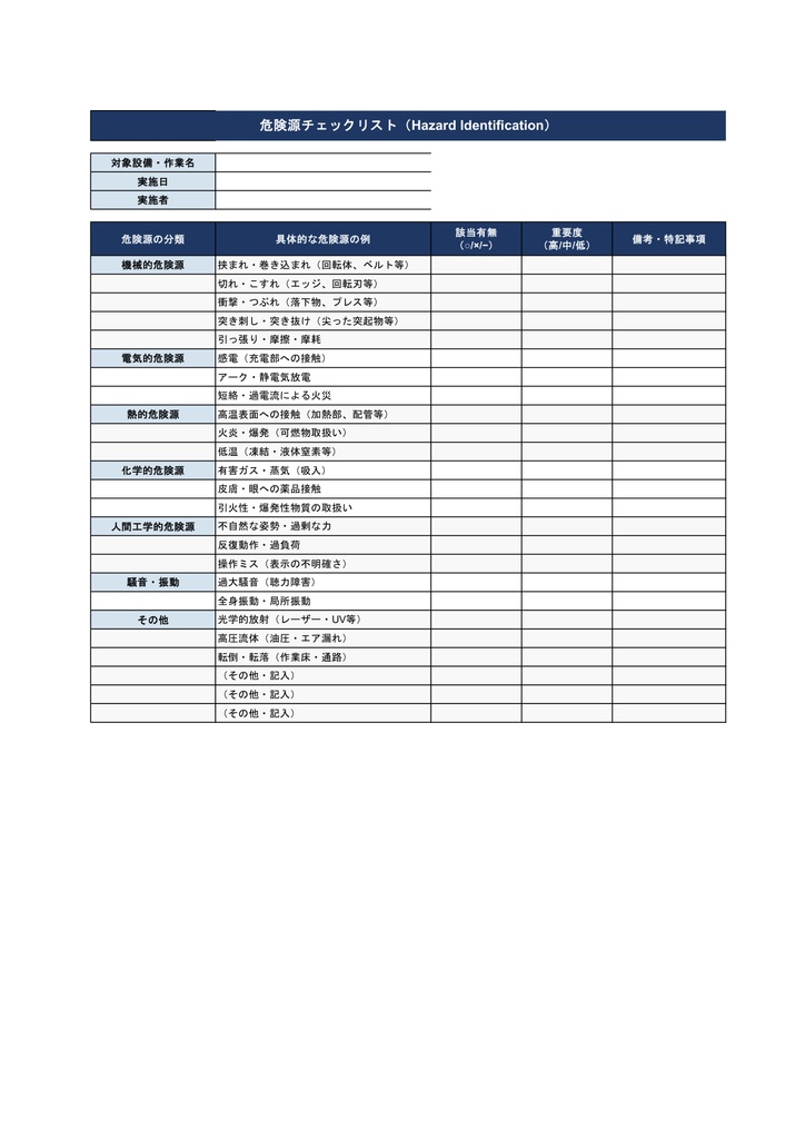 リスクアセスメントテンプレート【Excel】- ISO 12100準拠 危険源評価・リスク低減対策管理セット