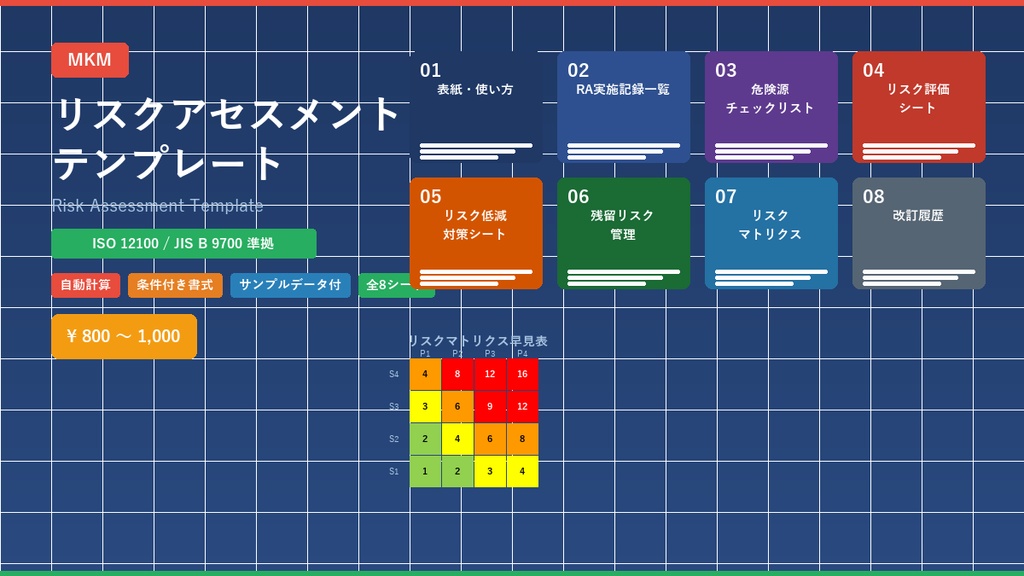 リスクアセスメントテンプレート【Excel】- ISO 12100準拠 危険源評価・リスク低減対策管理セット