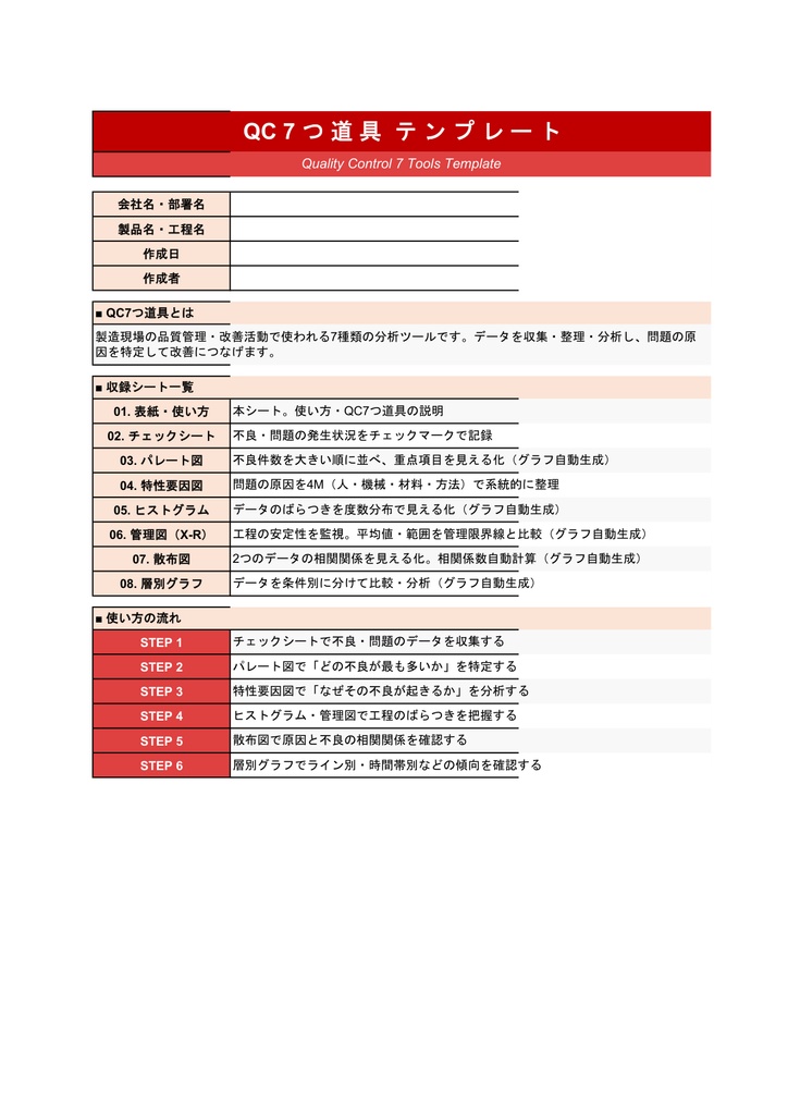 QC7つ道具テンプレート【Excel】- パレート図・ヒストグラム・管理図・散布図など全8シート グラフ自動生成