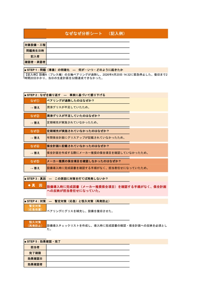 なぜなぜ分析テンプレート【Excel】- 根本原因特定・再発防止・水平展開まで 全8シート
