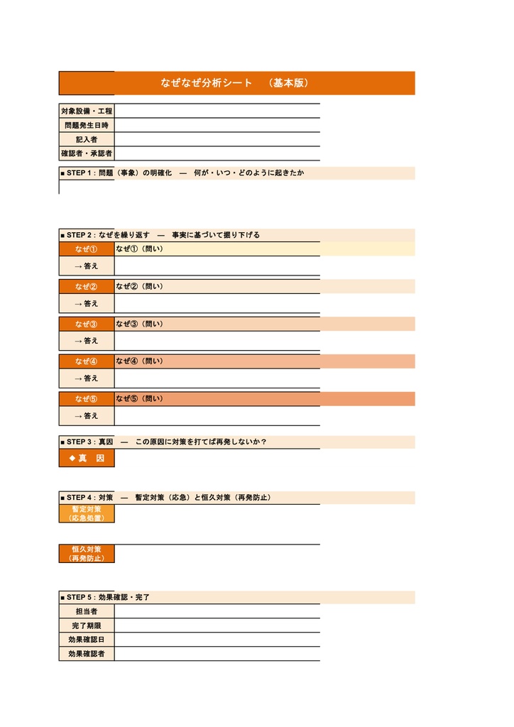 なぜなぜ分析テンプレート【Excel】- 根本原因特定・再発防止・水平展開まで 全8シート