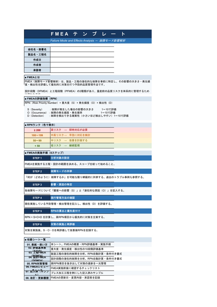 FMEAテンプレート【Excel】- 工程FMEA・設計FMEA対応 RPN自動計算・条件付き書式付き 全8シート