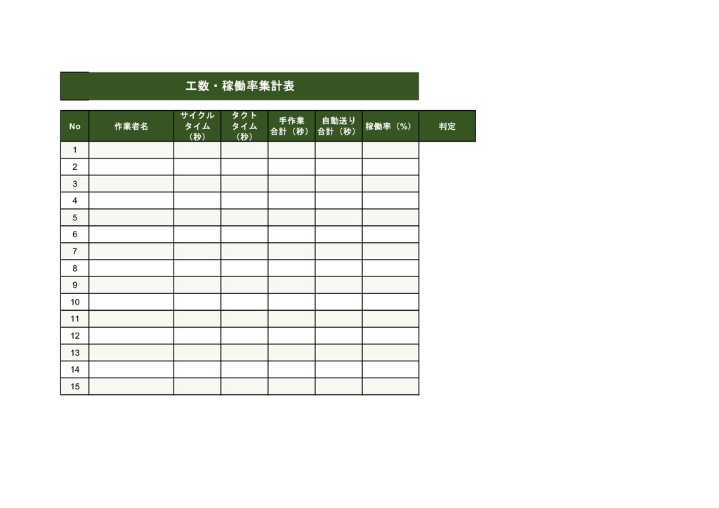 標準作業組合わせ表テンプレート【Excel】- タイムバー付き タクトタイム計算・改善前後比較まで 全8シート