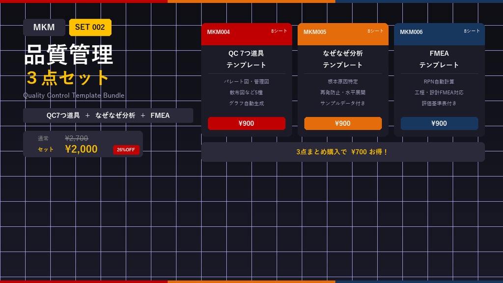品質管理3点セット【QC7つ道具＋なぜなぜ分析＋FMEA】Excelテンプレート ¥700お得