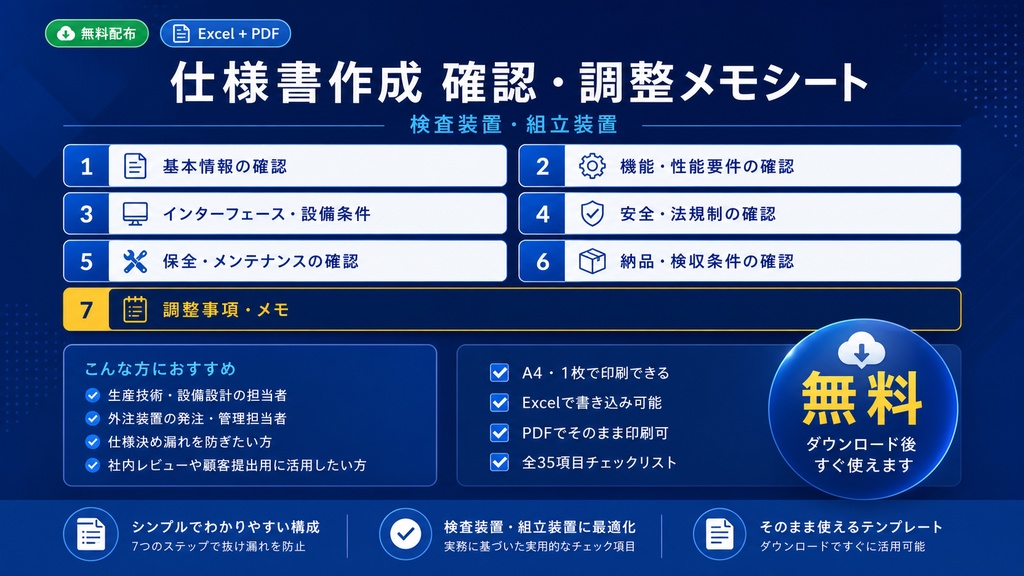 【無料】仕様書作成 確認・調整メモシート【検査装置・組立装置】