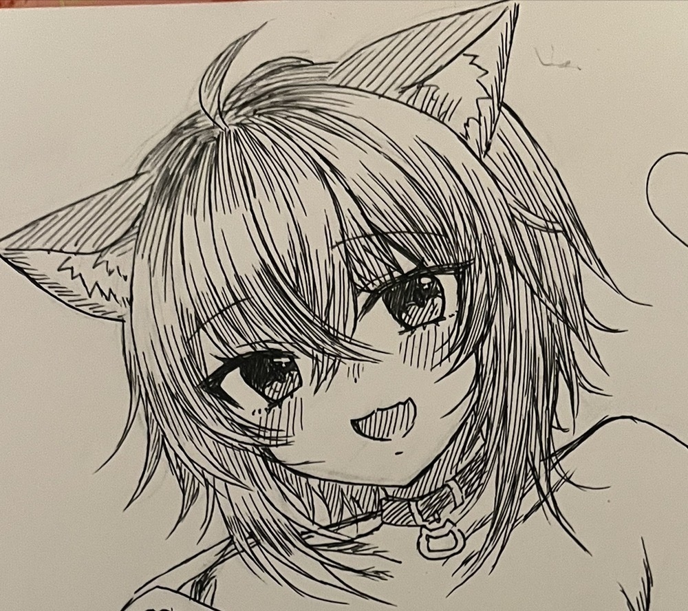 手描きイラスト　179㎜×250㎜　モノクロ　猫又おかゆ