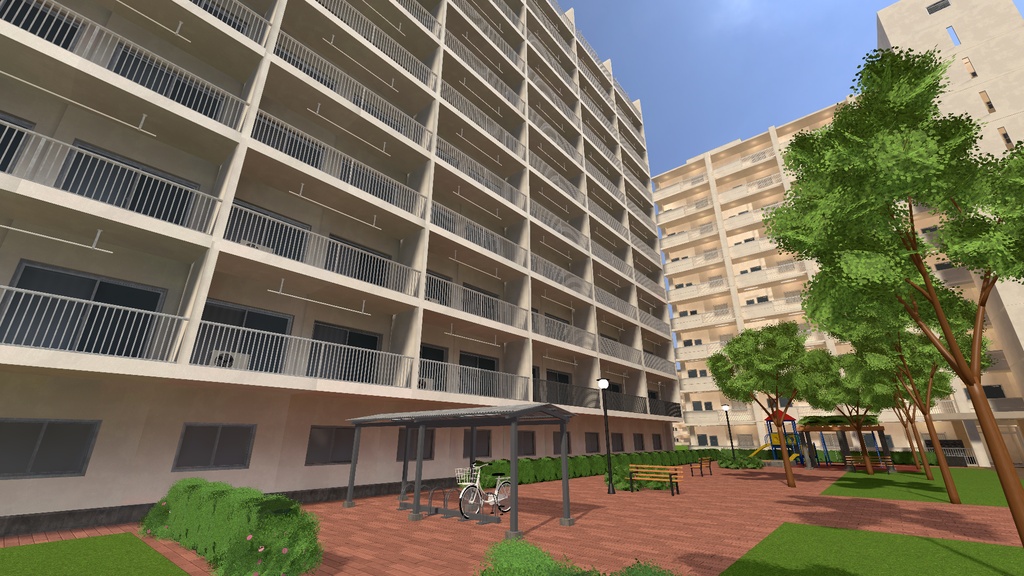 【発売記念 10/31まで¥1,500】郊外の団地ワールド【VRChat・PC】昼と夕方の2場面+団地の部材94点