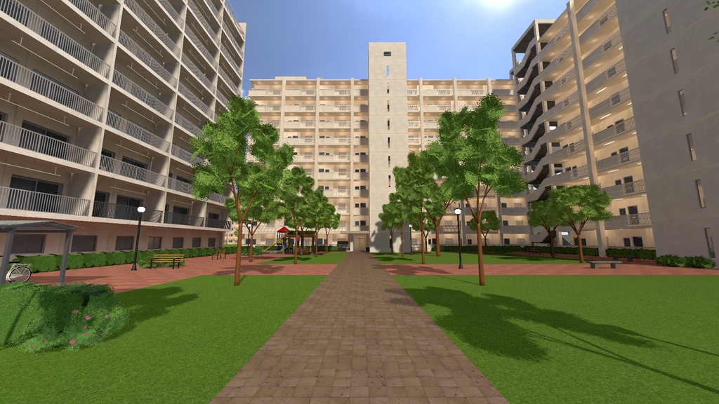【発売記念 10/31まで¥1,500】郊外の団地ワールド【VRChat・PC】昼と夕方の2場面+団地の部材94点