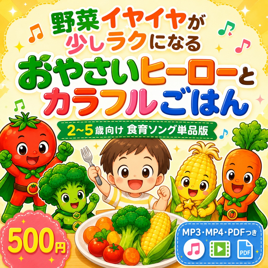 【2歳〜5歳対象】野菜イヤイヤが少しラクになる おやさいヒーローとカラフルごはん｜食育ソング単品版