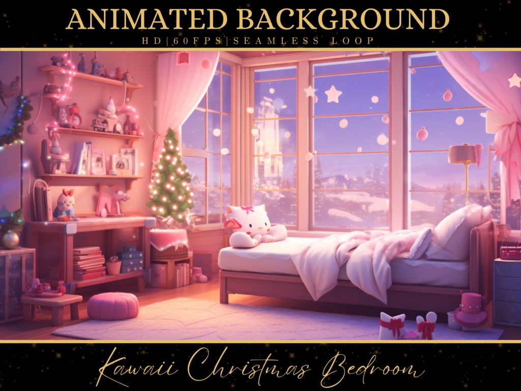 Vtuber Animated Background, Cozy Lofi Ambience Kawaii Christmas Bedroom 4, Pink Twitch Fantasy Stream Overlay, Vtuber Seamless Loop Background